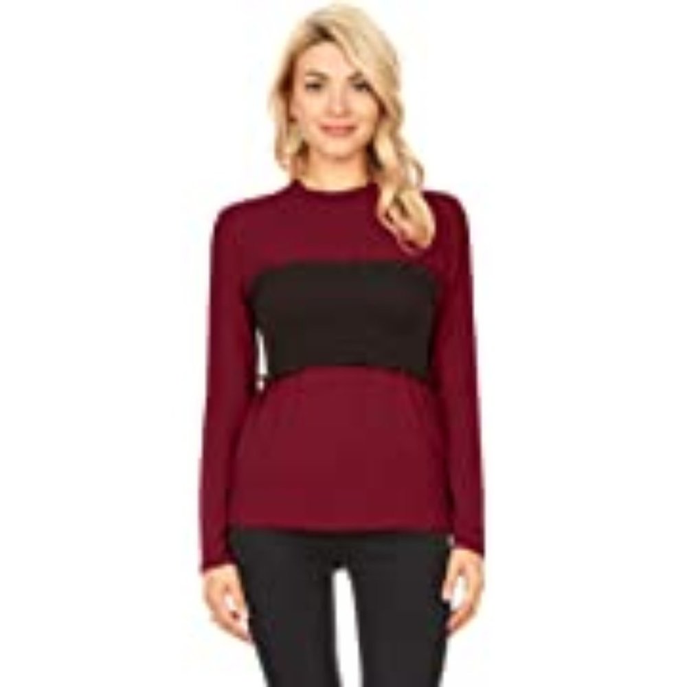 SIMLU New XL 10-12 Stretch Lace smocked Tee burgundy/black long sleeves